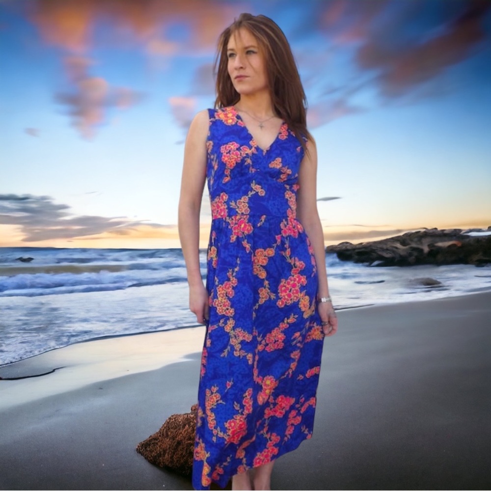 Blue Hawaiian Dress Floral Print Maxi 70s S